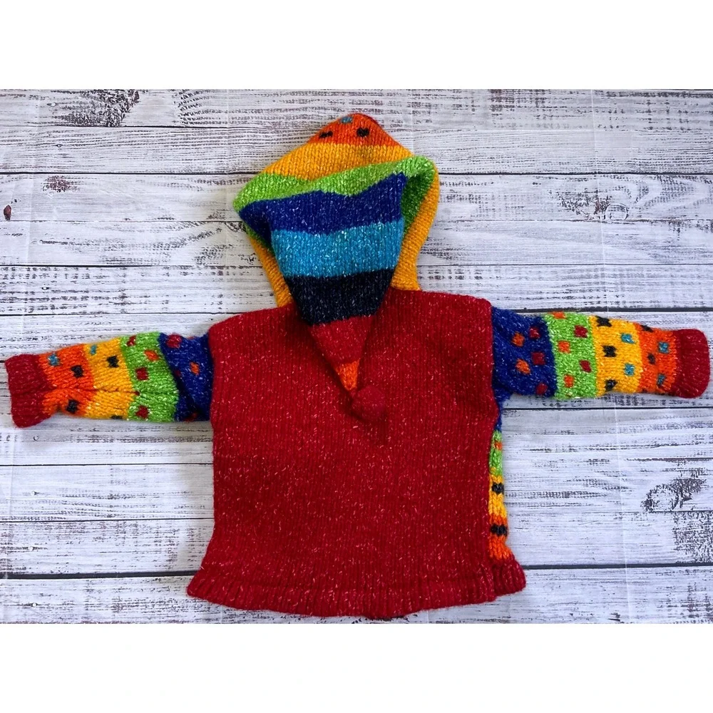 Invisible World Hooded Sweater Kids 1 Multicolor Hand Knit Wool Blend Zip Front